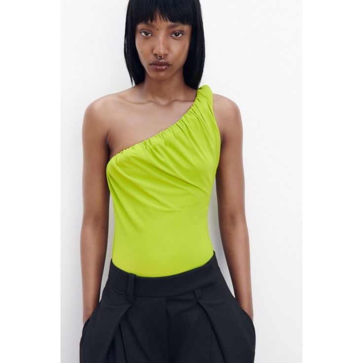 Nwt Zara One Shoulder Ruched Bodysuit Gorgeous Lime Green Bodysuit. Snap Closure. New With Tags Size M 34 Chic Sleeveless Ruched Bodysuit, Chic Ruched Sleeveless Bodysuit, Chic Green Bodysuit For Party, Green Stretch Bodysuit By Zara, Zara Green Stretch Bodysuit, Chic Green Summer Bodysuit, Chic Green Bodysuit For Summer, Elegant Ruched Bodysuit For Spring, Zara Green Fitted Bodysuit