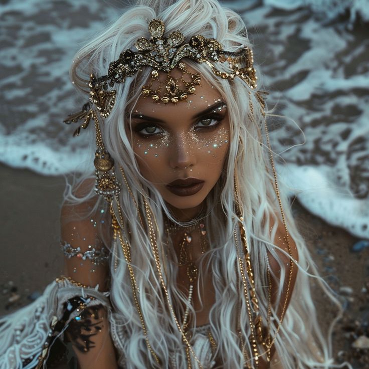 Mermaid Costume Woman, Mermaid For Halloween, Mythical Photoshoot, White Hair Fairy, Ocean Goddess Photoshoot, Mermaid Hair Costume, Siren Makeup Look, Siren Halloween Makeup, White Fairy Costume