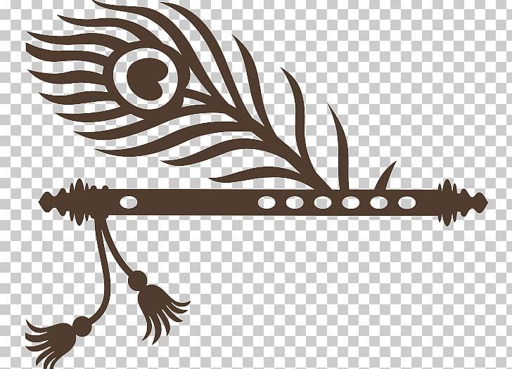 a black and white drawing of a feather on a long pipe with two strings attached to it