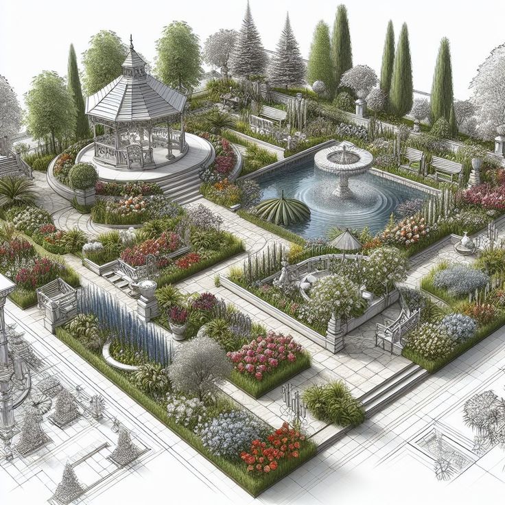 an artist's rendering of a garden with a gazebo in the center and lots of trees