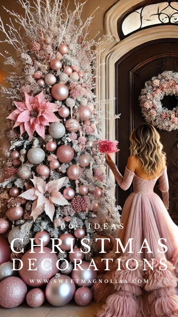 a woman in a pink dress standing next to a christmas tree with ornaments on it