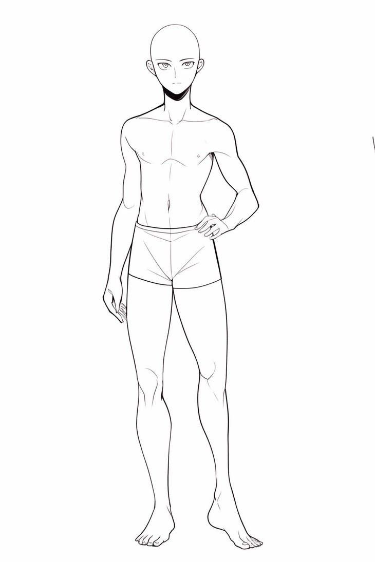 an outline drawing of a man's body and torso, with his hands on his hips