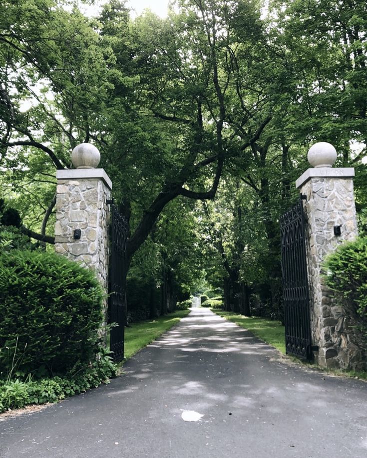 an open gate leading to a driveway surrounded by lush green trees and shrubbery on either side of the road