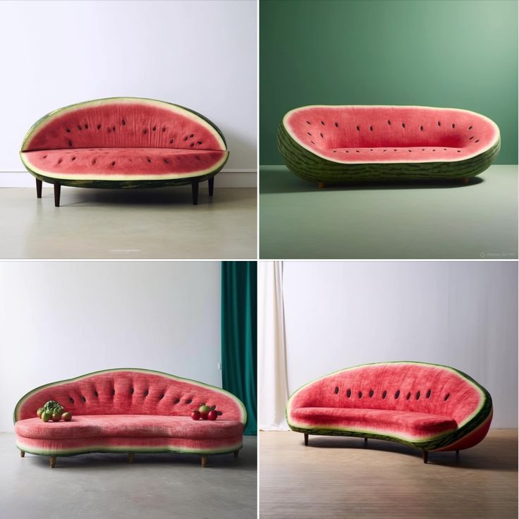 four different views of a couch made out of watermelon