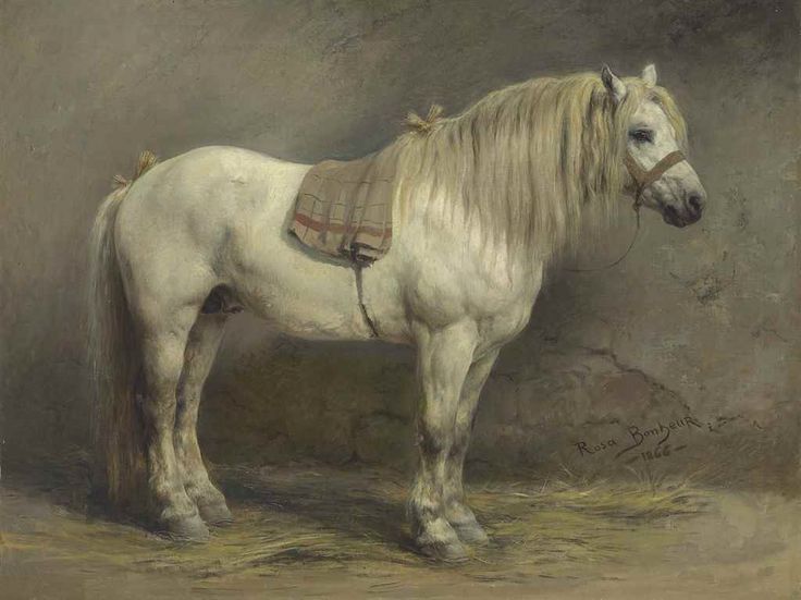 a painting of a white horse with a blanket on it's back standing in front of a stone wall