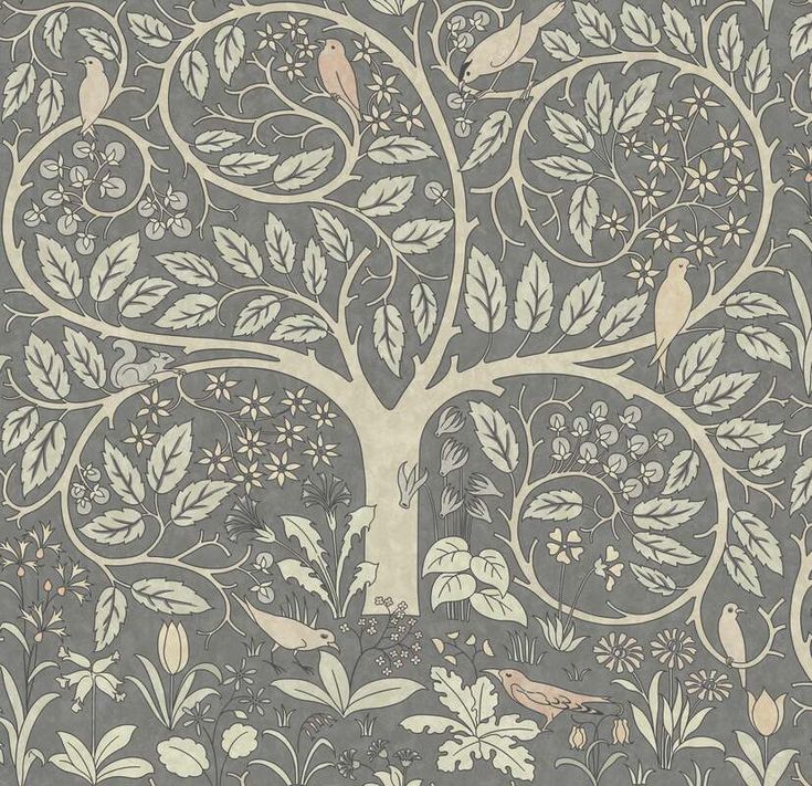 a tree with birds and flowers on it is shown in this wallpaper mural design