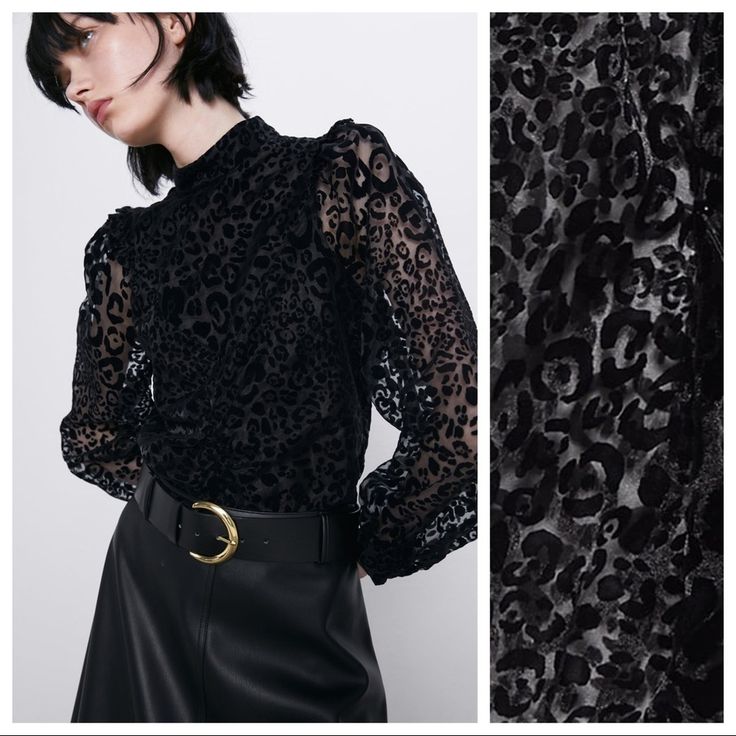 Nwt. Zara Black Semi-Sheer Blouse With A High Neck, Long Puff Sleeves And Lining, Matching Animal Print Fabric With Velvet And Front Gathered Details, Back Button Closure. Size Xs, M. Ref. 8543/671. Size Xs (Nwot) - Pit To Pit 18,5" Flat, Shoulders 12", Sleeves 25,5", Length 23". Size M - Pit To Pit 20" Flat, Shoulders 13", Sleeves 25,5", Length 23". 1017. Chic Winter Blouse By Zara, Zara Winter Party Blouse, Chic Zara Blouse For Winter, Zara Black Long Sleeve Blouse, Zara Fitted Blouse For Fall, Zara Blouse For Winter Workwear, Zara Winter Workwear Blouse, Zara Blouse For Night Out In Fall, Black Fall Blouse For Night Out