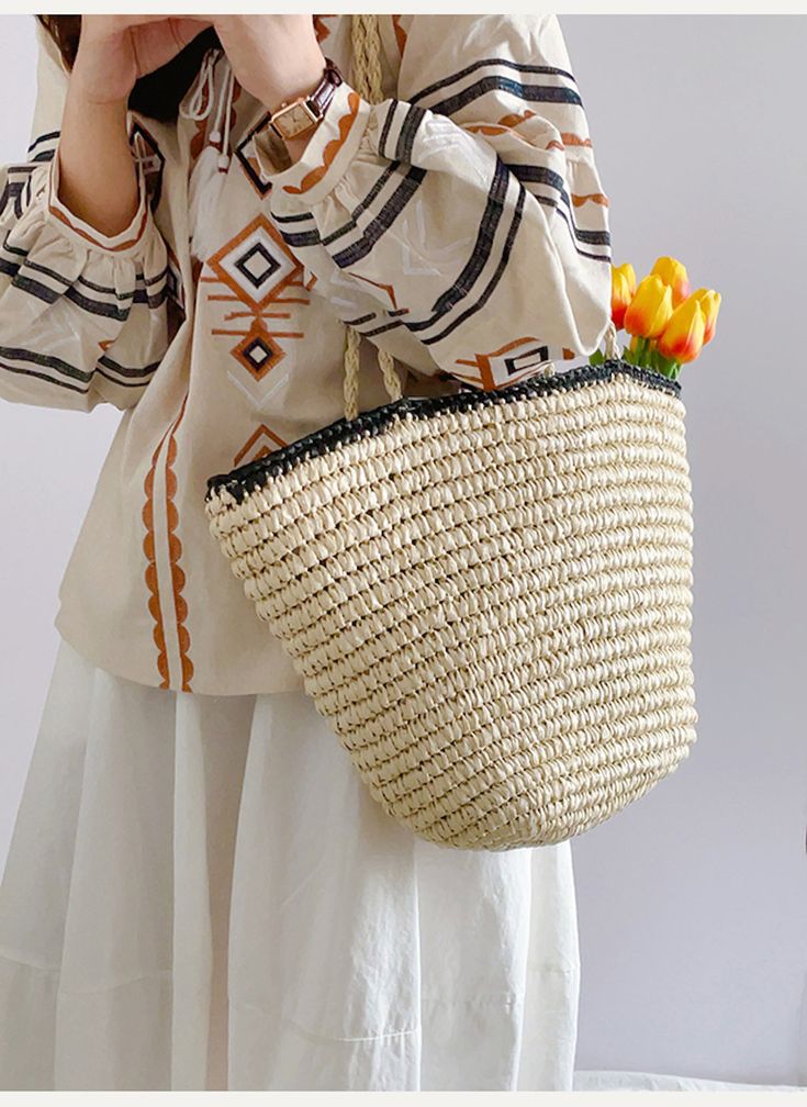 IN STOCK. SHIPPING FROM LOS ANGELES. FAST PROCESSING. An artisanal basket of hand-woven straw basket bag. Perfect for this summer! Shoulder or top handle carry. It's a lightweight option that's ideal for summer activities, designed to be both fashionable and functional. Size: 45cm wide opening x 30cm tall (17in x 12in) Designer Style ID: 8444 Eco-friendly Open Weave Straw Bag For Summer, Casual Spring Basket Bucket Bag, Casual Natural Color Basket Bucket Bag, Casual Natural Color Basket-shaped Bucket Bag, Casual Natural Basket-shaped Bucket Bag, Casual Natural Basket Shaped Bucket Bag, Casual Braided Straw Bucket Bag, Spring Handwoven Bucket Bag For Shopping, Spring Handwoven Shopping Bucket Bag