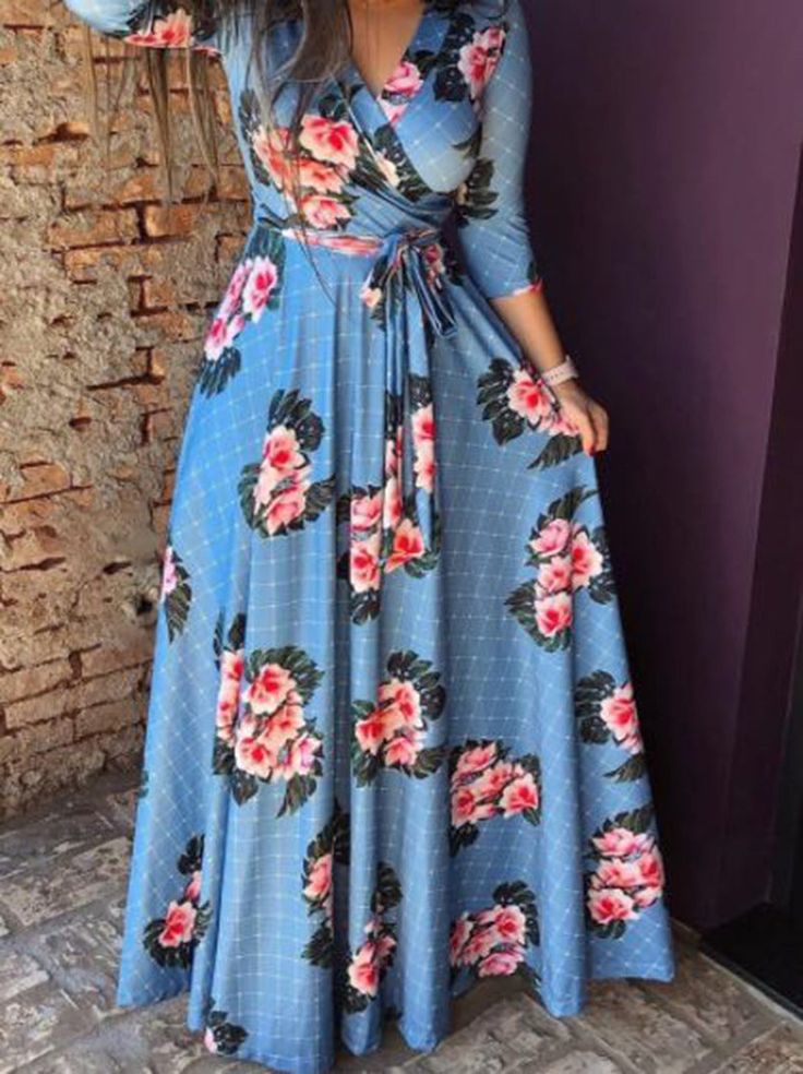 Item: Dress Material: Polyester Style: Elegant Length: Maxi Neckline: V-neck Long Flower Dress, High Waist Maxi Dress, Blue Party Dress, Wrap Maxi Dress, Skirt Maxi, Women's Evening Dresses, Maxi Skirts, Long Sleeve Maxi, Maxi Wrap Dress