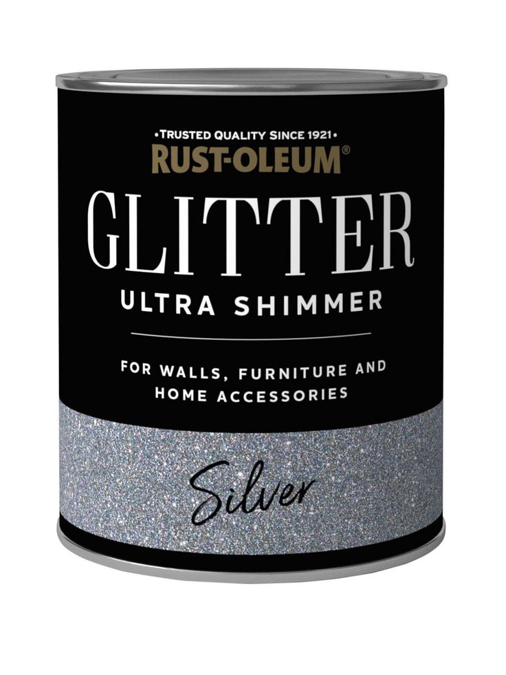 a tin of silver glitter paint on a white background