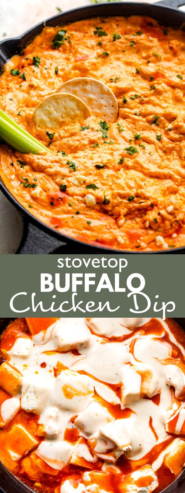 two images showing different types of buffalo chicken dip in a skillet and on the same side