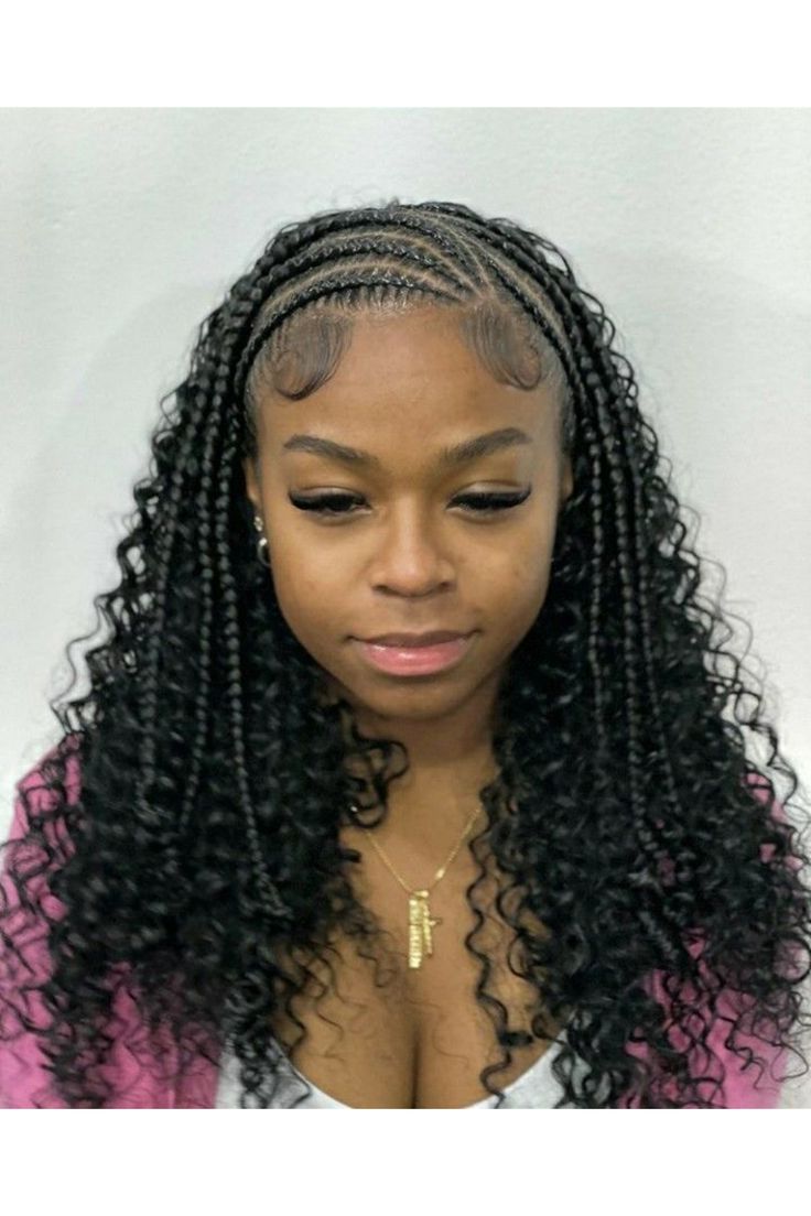 Cornrow Hairstyles With Leave Out, Cornrow Sew In Hairstyles, Corn Row Front Sew In Back, Zig Zag Braids Natural Hair, Braids Going Back With Curls, Fulani Braids With Sew In Short, Zig Zag Fulani Braids With Curls, Cris Cross Fulani Braids, Half Weave Half Braids Loose Wave