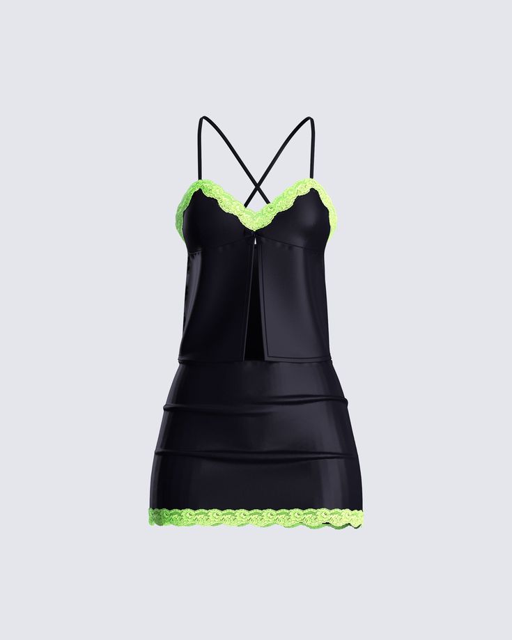 This stylish, and flirty two-piece matching set is guaranteed to bring all the attention to you 👀 Featuring a black satin cami top, and a mini skirt made from a satin fabric complete with a green lace trim 🖤 Y2k Two Piece Set, Finesse Dress, Black Satin Mini Skirt, Fancy Casual Outfits, Insane Fashion, Black Satin Top, Fashion Collection Inspiration, Strapless Ruffle Dress, Satin Mini Skirt