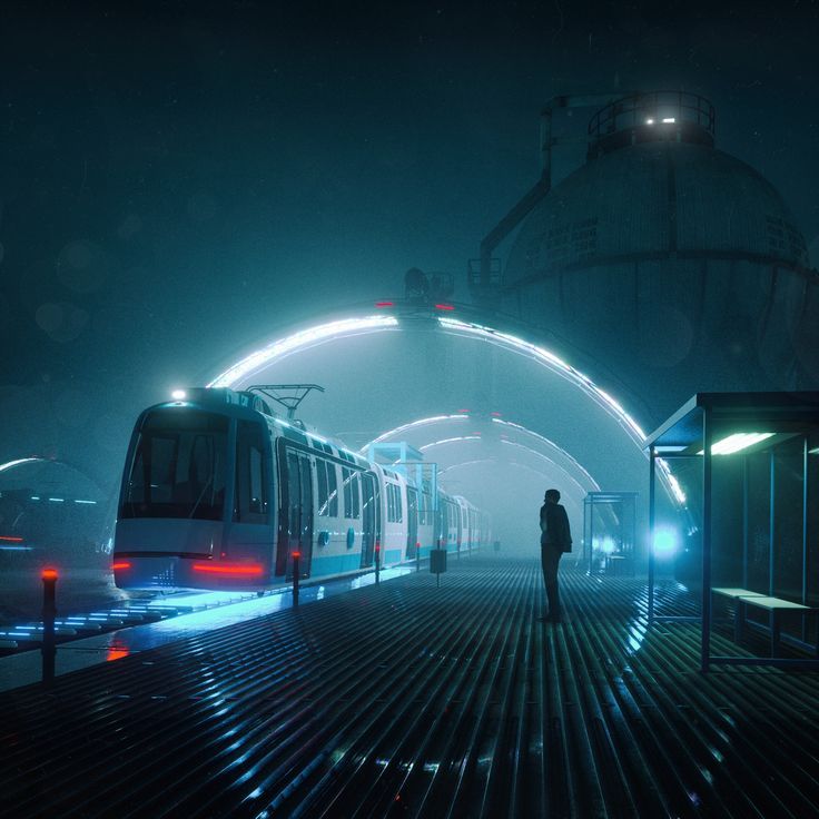 a man standing in front of a train at night with the lights on and fog