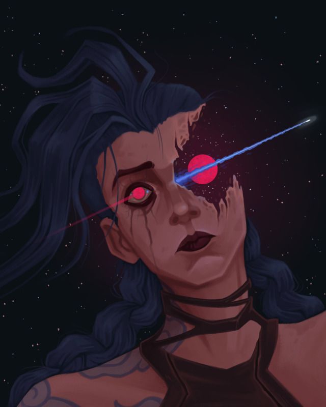 a woman with red eyes looking at the stars