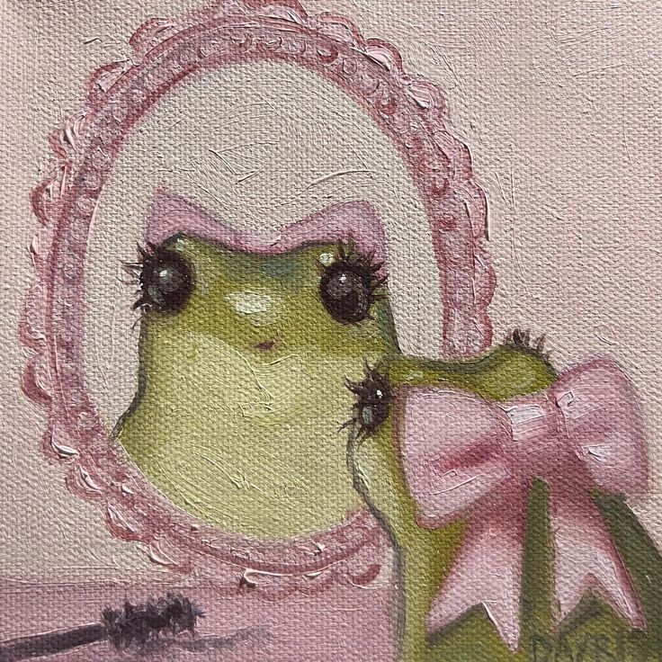 a painting of a frog with a pink bow on it's head next to a mirror