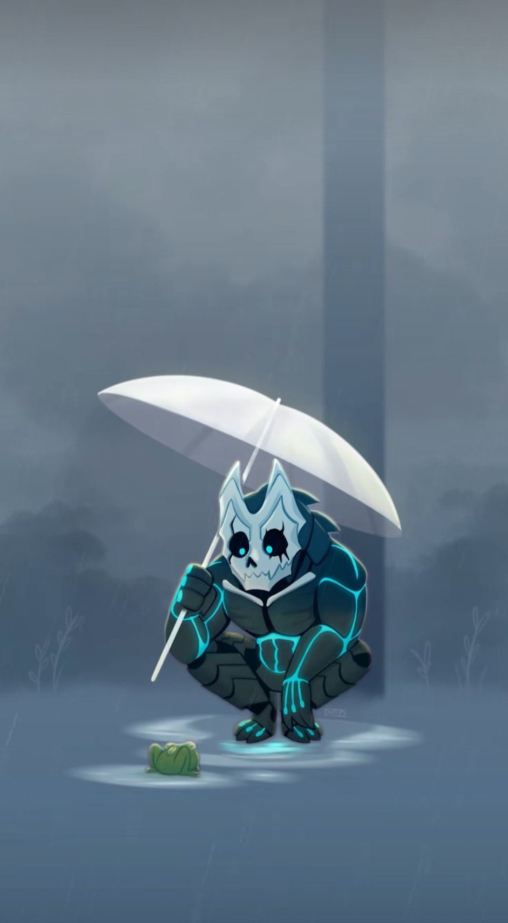 a cartoon character sitting on the ground with an umbrella over his head, in front of a dark sky