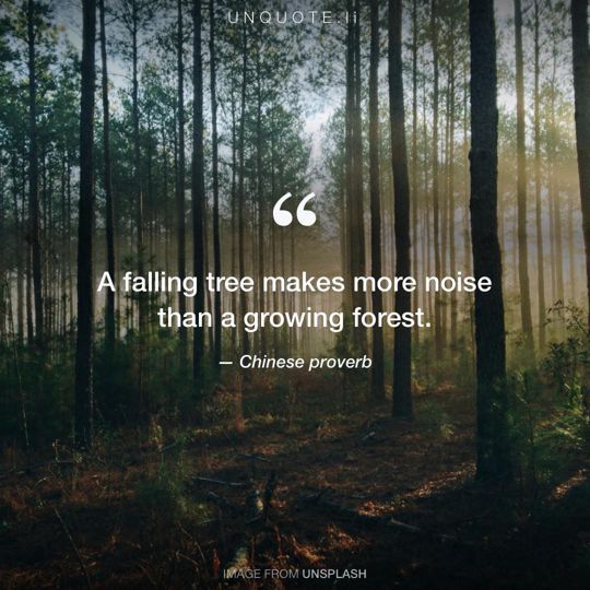 trees in the woods with a quote about falling tree makes more noise than a growing forest