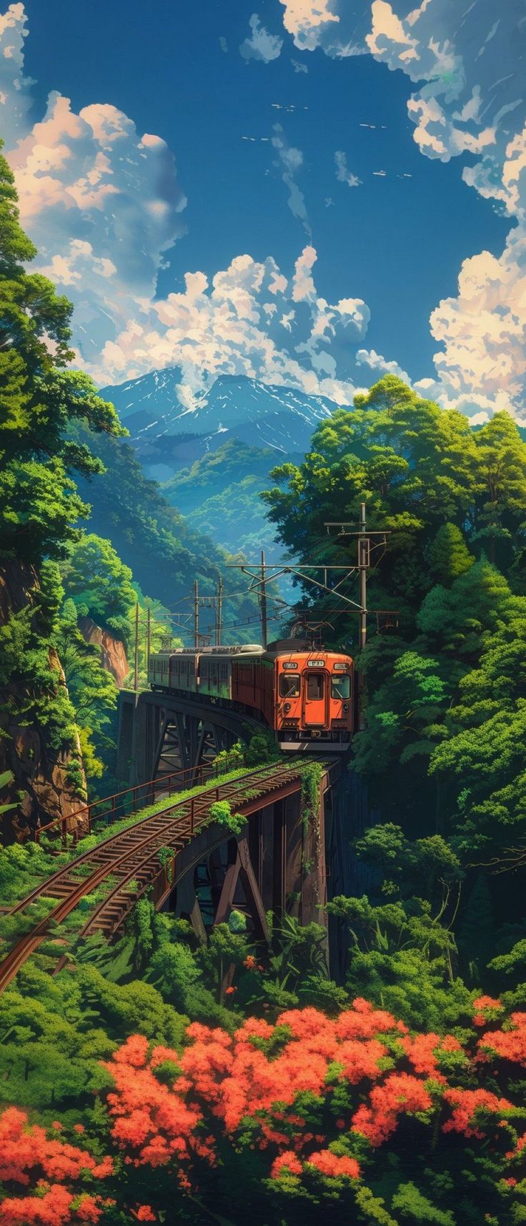 a painting of a train going over a bridge in the mountains with trees and flowers