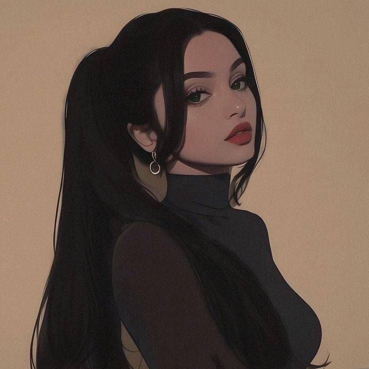 a painting of a woman with long black hair wearing a turtle neck top and earrings