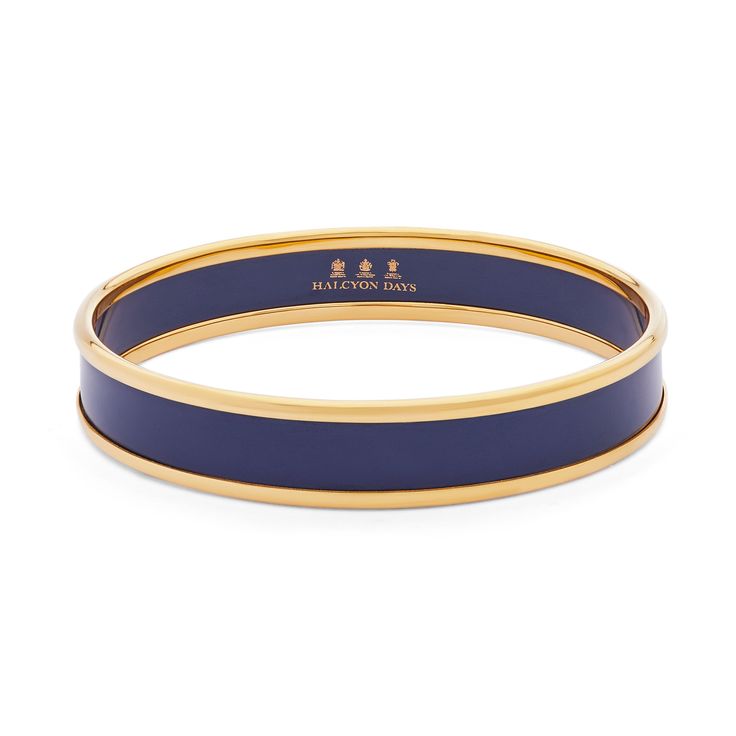 This sleek enamel push-on bangle measures 10mm in width and sits chicly on the wrist worn solo or stacked with other styles. It features the Halcyon Days hallmark on the inner rim.  Handcrafted in England and finished with 18ct gold plated raised rims. Halcyon Days, Scarf Necklace, Enamel Bangle, Wrist Wear, Bespoke Gifts, China Mugs, Navy Gold, Hinged Bangle, Gold Enamel