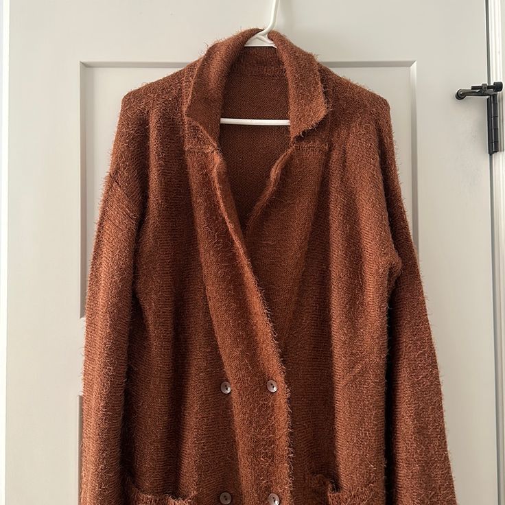 Burnt Orange Fuzzy Coat-Like Cardigan With Pockets And 6 Buttons Very Fuzzy. Never Worn. Bought From Amazon. Size M Amazon Winter Long-sleeve Outerwear, Amazon Winter Outerwear With Long Sleeves, Amazon Long Sleeve Winter Outerwear, Amazon Casual Long Sleeve Outerwear, Casual Long Sleeve Outerwear By Amazon, Amazon Sweaters, Fuzzy Coat, Cardigan With Pockets, Burnt Orange