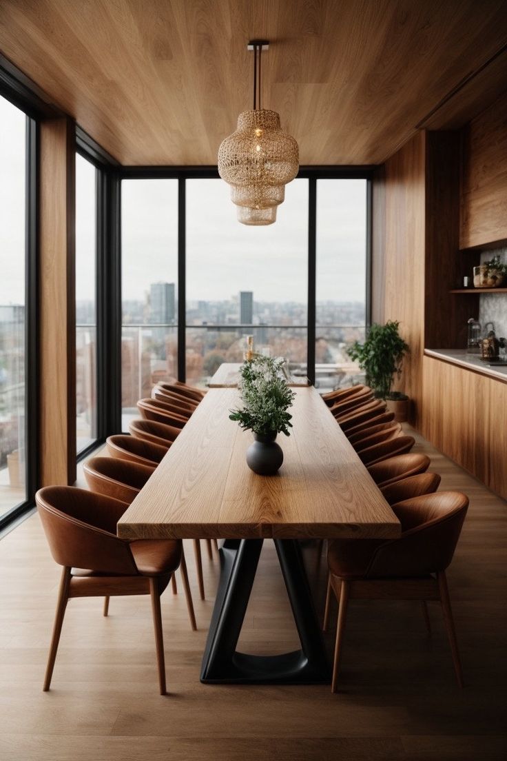 a dining room table with chairs and a vase on top of it in front of large windows