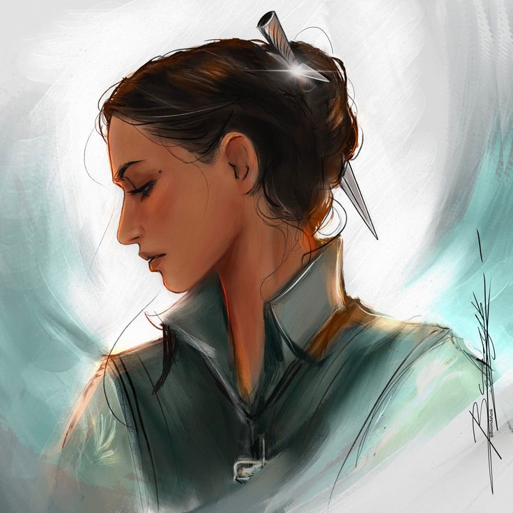 an artistic painting of a woman with scissors in her hair and wearing a green jacket