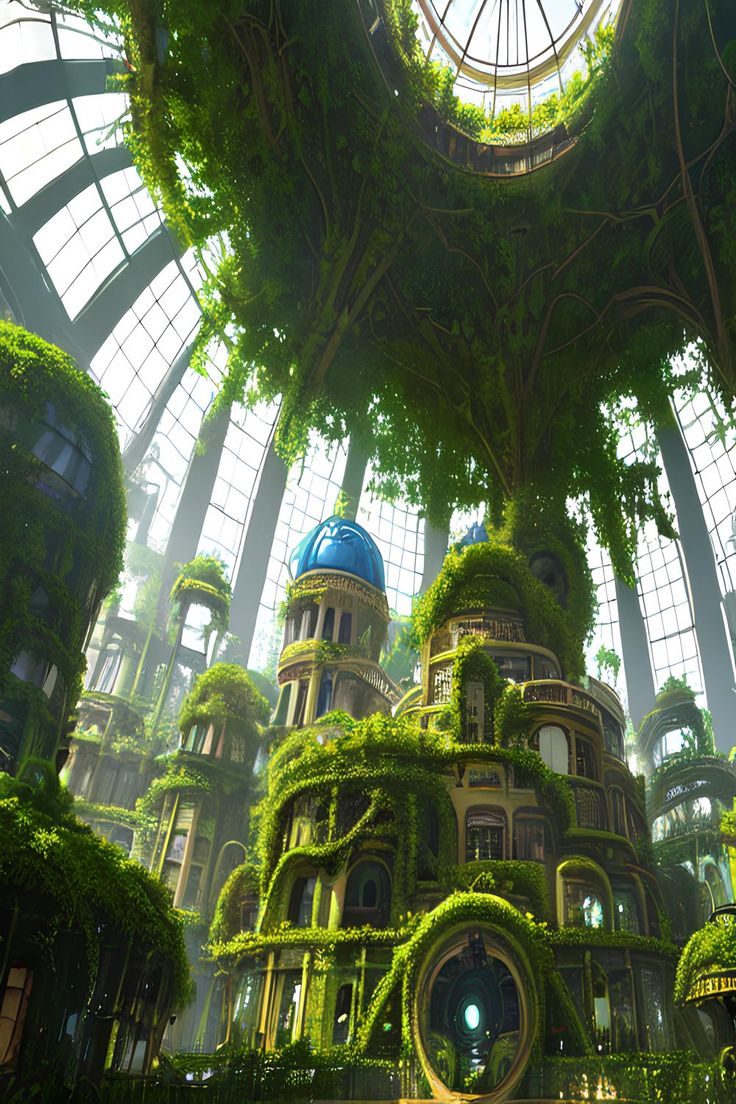 the inside of a building with plants growing on it