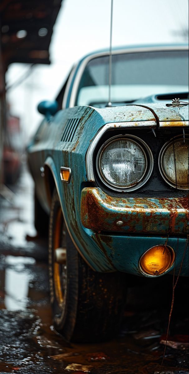 an old car is parked in the rain with it's headlights turned on and rusting