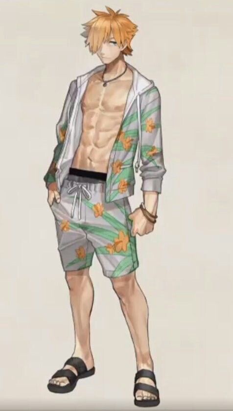 an image of a man with no shirt on wearing swim trunks and flip flops