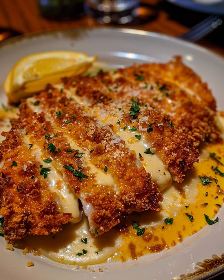 a white plate topped with meat covered in sauce and cheese next to a lemon wedge