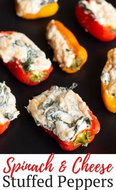 spinach and cheese stuffed peppers on a baking sheet with the title text overlay