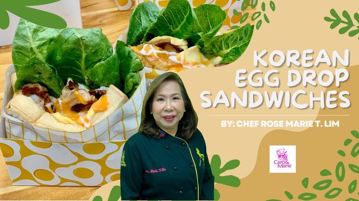 a woman is standing in front of two boxes with food on them and the words korean egg drop sandwiches