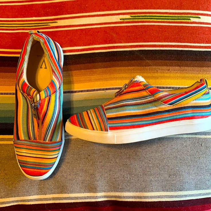 Never Worn Volatile Serape Slip On Shoes! With A 3/4 Zipper. Super Stylish! Comfortable Multicolor Slip-on Sneakers, Casual Multicolor Slip-on Sneakers For Spring, Casual Multicolor Slip-ons For Spring, Multicolor Slip-ons For Summer, Multicolor Slip-ons For Spring, Multicolor Low-top Slip-on Sneakers For Summer, Multicolor Low-top Slip-on Sneakers For Spring, Multicolor Slip-on Sneakers With Round Toe For Spring, Multicolor Low-top Casual Slip-ons