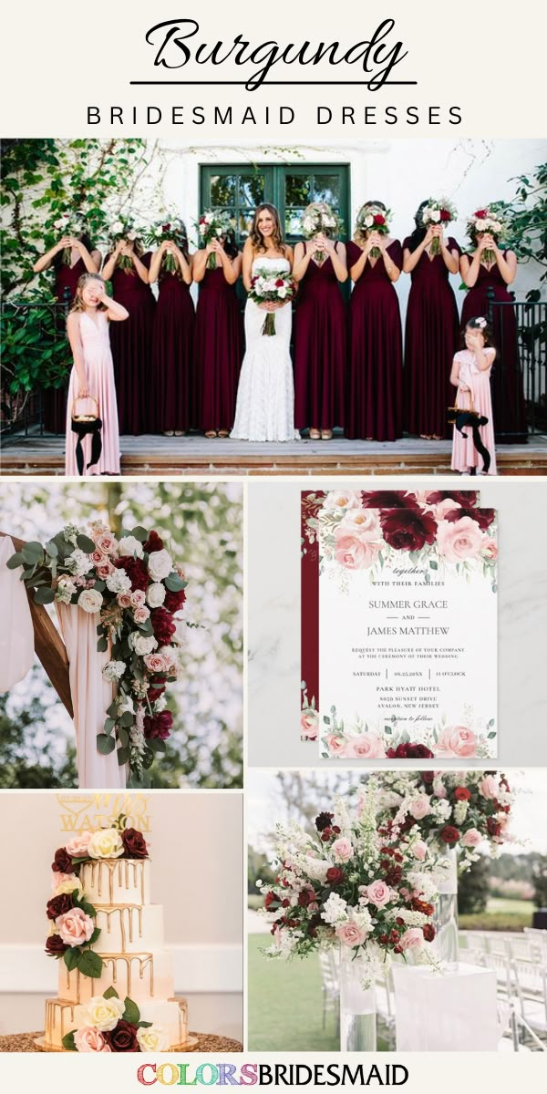 the bridesmaid dresses and bouquets are all in burgundy, pink, green, white