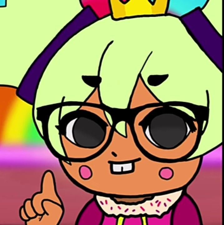 a cartoon girl with glasses and a crown on her head, giving the thumbs up