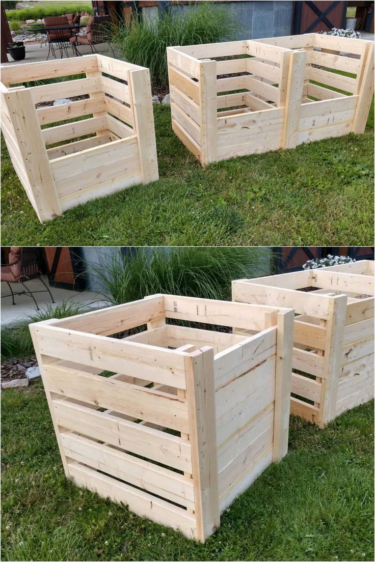 three wooden boxes sitting on top of grass in the middle of two different pictures, one is