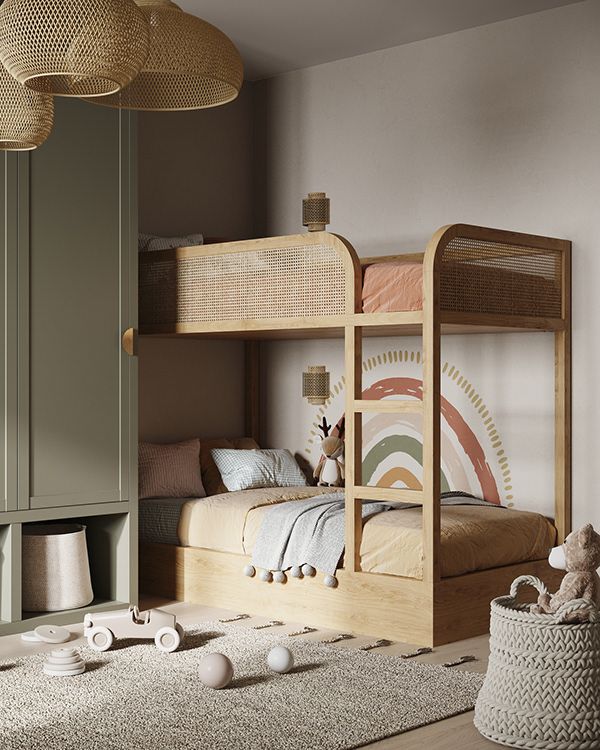 a bedroom with bunk beds and toys on the floor