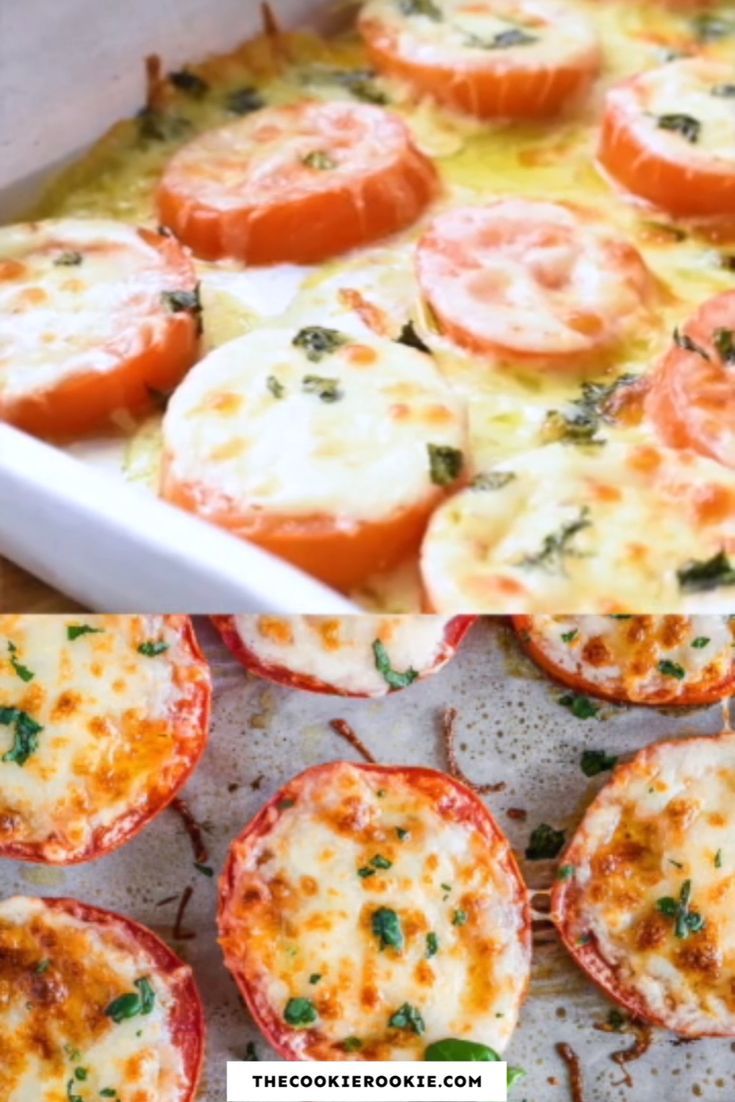 tomatoes and cheese in a casserole dish before and after cooking