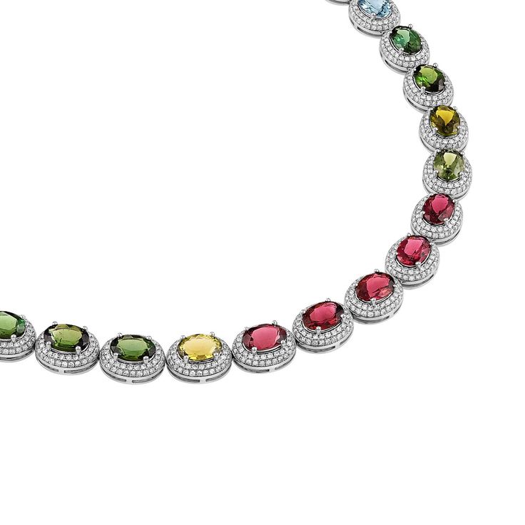 14k White Gold Tourmaline 29.5 Cts Diamond 7.00 Cts Please allow 6-8 weeks for delivery. All prices are in US Dollars. Elegant Oval Tourmaline Necklace, Oval Tourmaline Necklace Fine Jewelry, Oval Tourmaline Necklace In Fine Jewelry Style, Diamond Tennis Necklace, Tourmaline Necklace, Bezel Set Diamond, Tennis Necklace, Resort Collection, Hello Gorgeous