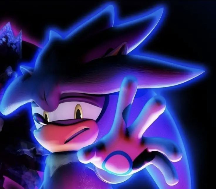 sonic the hedgehog is glowing in purple and blue light with his arms around him