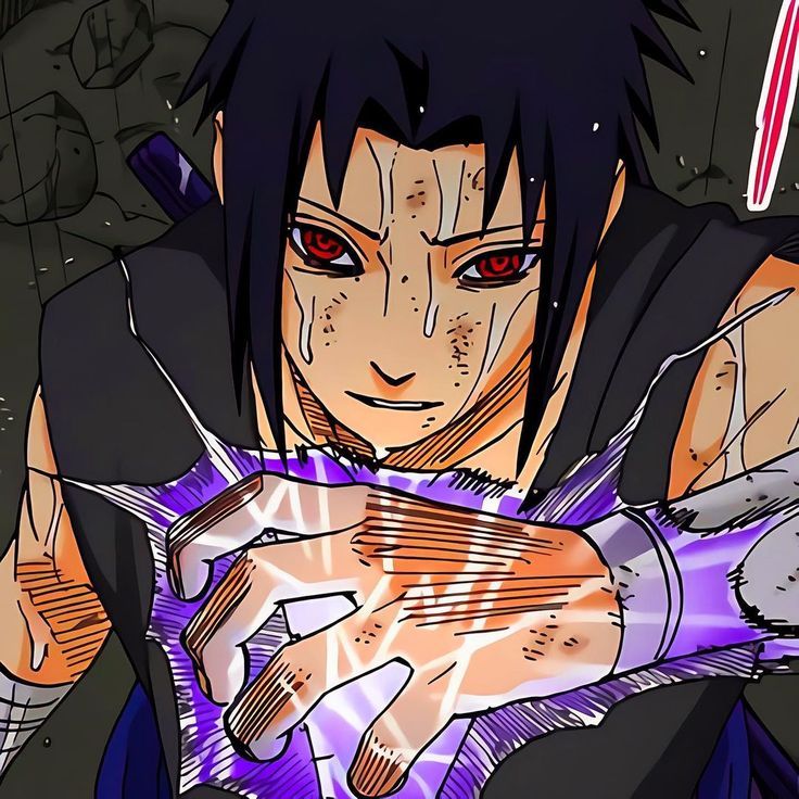 an anime character with black hair and red eyes holding his arm out to the side