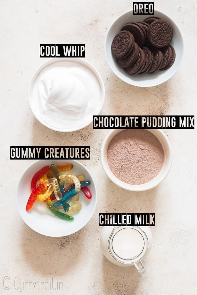 the ingredients for chocolate pudding in bowls on a white counter top with text overlay