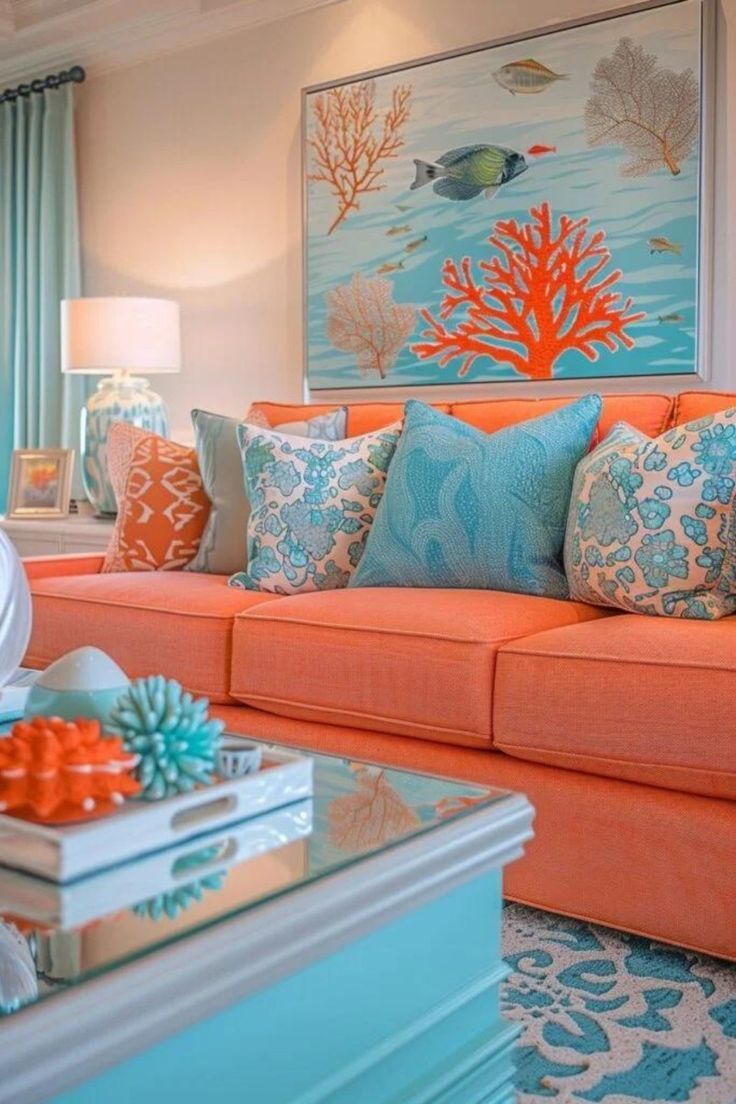 a living room filled with orange and blue furniture