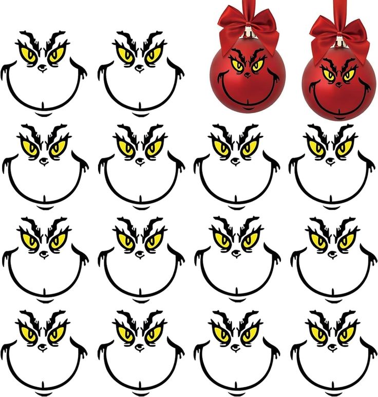 a set of twelve red shoes with yellow eyes and bows on the top one has an angry grin