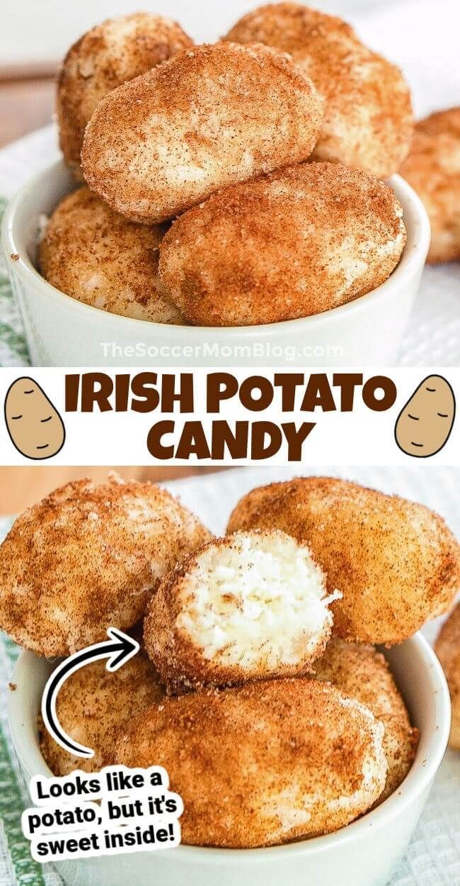 there is a bowl full of fried potatoes and the words irish potato candy in it