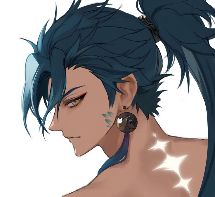 an anime character with blue hair and piercings on his ears is looking to the side