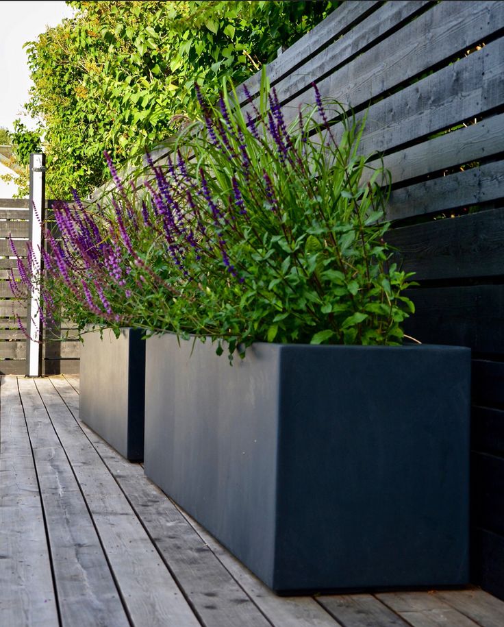 two large planters sitting on top of a wooden deck next to purple flowers and greenery