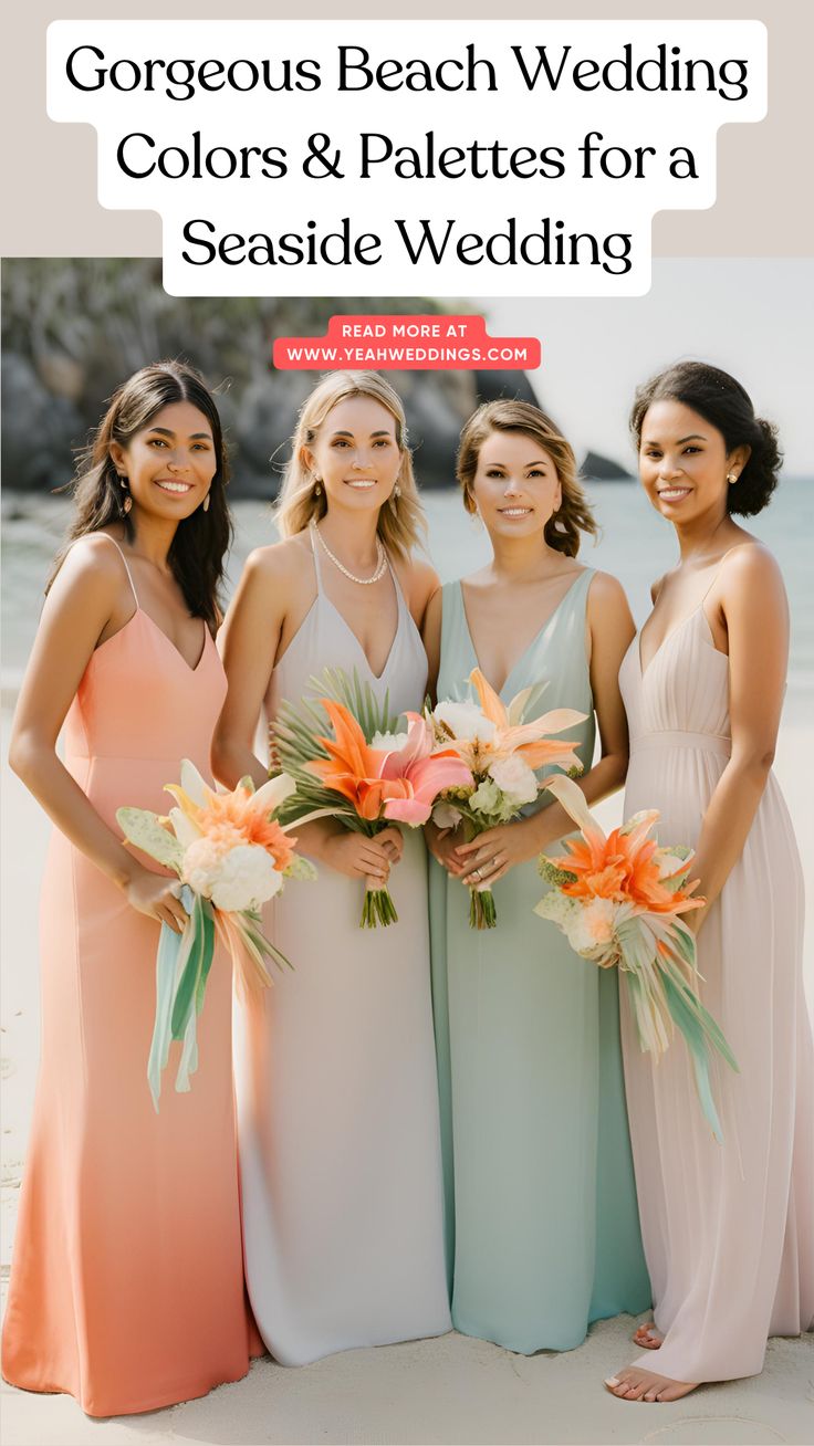 An array of beach wedding color palettes featuring soft pastels and vibrant tropical hues, with ideas for bridesmaid dresses, floral arrangements, and coastal decorations to create a beautiful seaside wedding. Beach Bridesmaid Colors, Best Colors For Beach Wedding, Fall Wedding Beach Colors, Soft Tropical Color Palettes, Best Beach Wedding Colors, Wedding Color Schemes Tropical, November Beach Wedding Colors, Beach Wedding Colours, Beach Wedding Theme Ideas Color Palettes